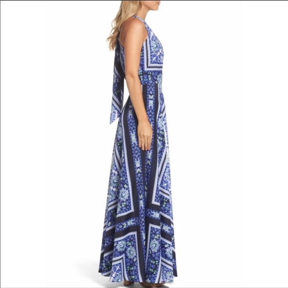 ELIZA J Blue Scarf Print Halter Maxi Dress Sz 8 - Picture 2 of 14